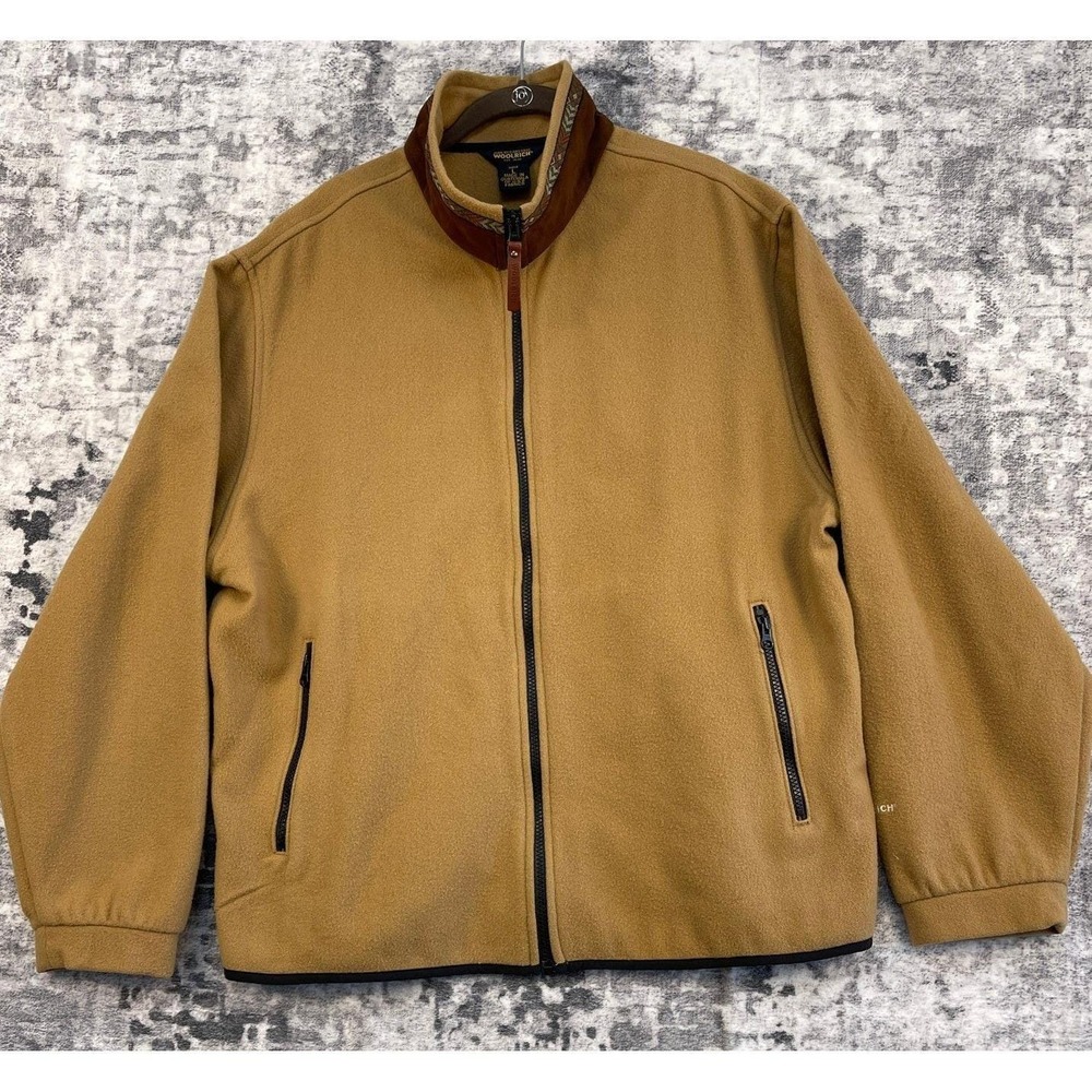 Vtg Woolrich Wool Fleece Jacket Men Large Camel Tan Full Zip Outdoor Hiking